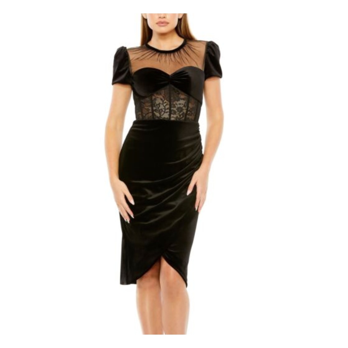 Nwt Mac Duggal Sheer Neck Lace Corset Floral Tulip Hem Black Velvet Midi Dress2